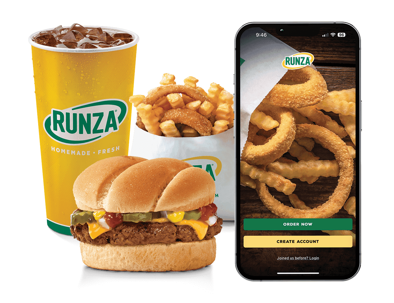 Mobile app screenshot with burger, fries, and drink